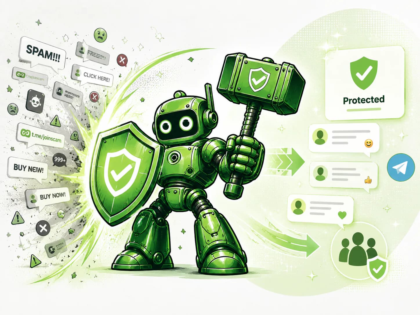 Green comic-style moderation robot blocking spam with a shield and hammer while legitimate Telegram messages pass through.