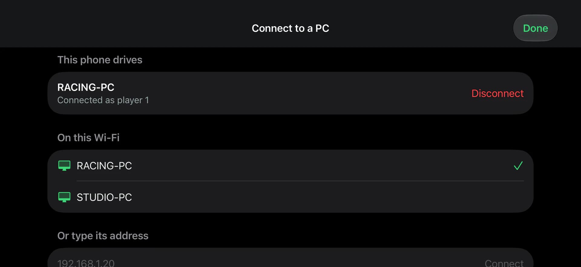 The iPhone app's Connect to a PC screen: connected to RACING-PC as player 1, the PCs found on this Wi-Fi, and a field to type a PC's address such as 192.168.1.20.