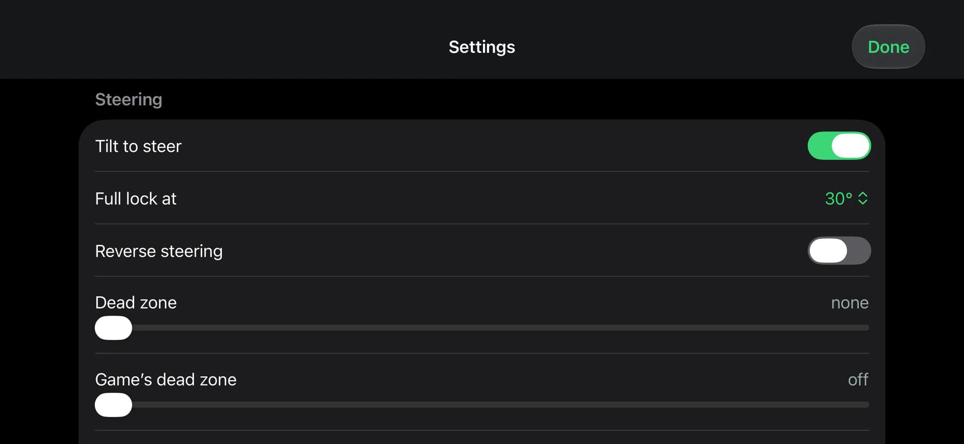 The iPhone app's Settings screen with Tilt to steer on, Full lock at 30 degrees, Reverse steering off, and sliders for Dead zone and Game's dead zone.