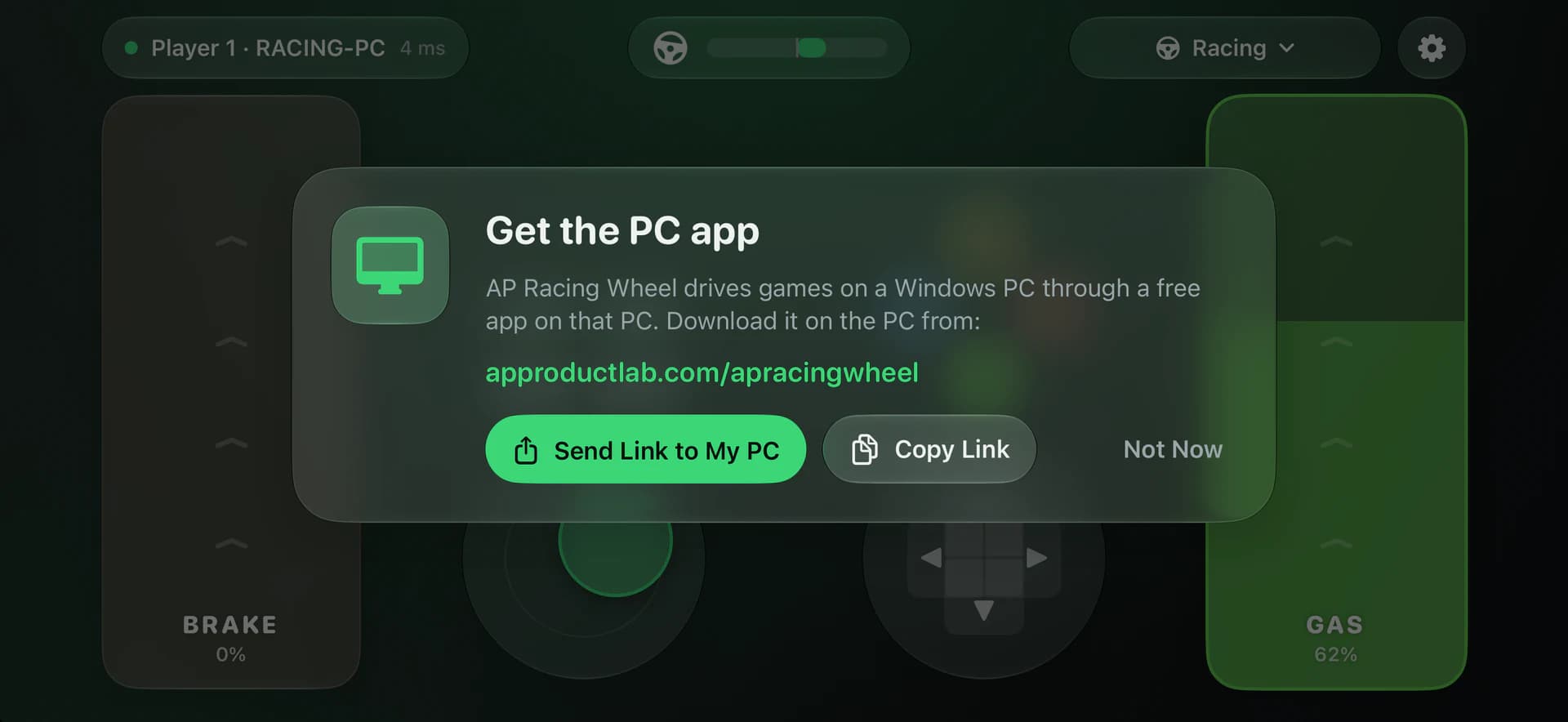 A Get the PC app popup on the iPhone with the address approductlab.com/apracingwheel and the buttons Send Link to My PC, Copy Link and Not Now.