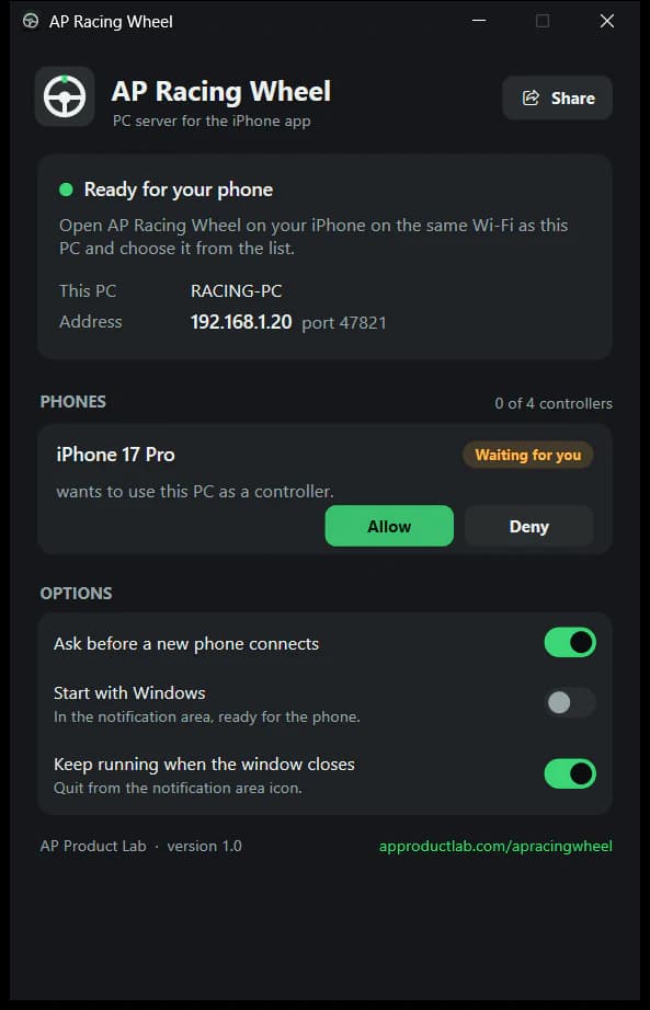 The AP Racing Wheel window on Windows with an iPhone 17 Pro waiting for approval and the buttons Allow and Deny.