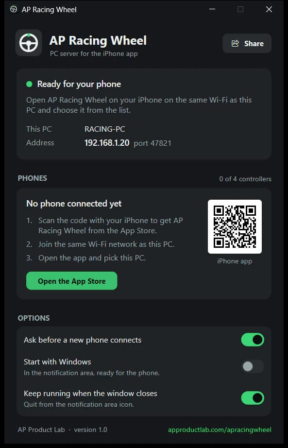 The AP Racing Wheel window on Windows: Ready for your phone with the PC name RACING-PC and the address 192.168.1.20, no phone connected yet, three steps beside a QR code for the iPhone app, and the options below.