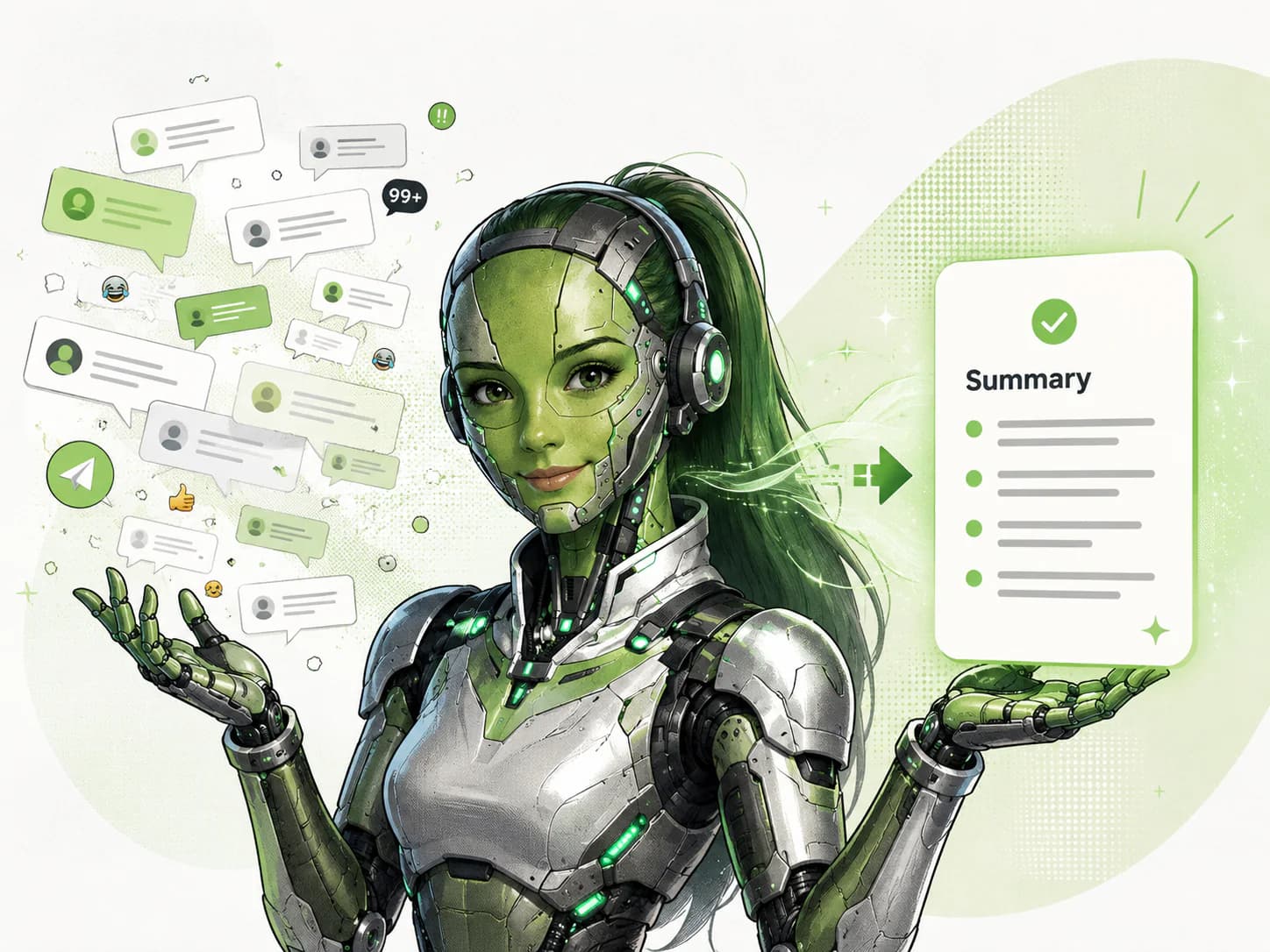 Green comic-style AI assistant turning a stream of Telegram messages into a concise checked summary.